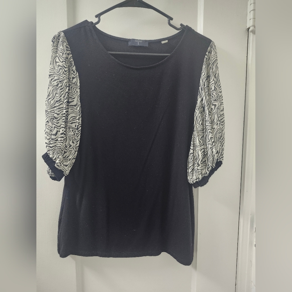 Tahari Black Top with Patterned Sleeves